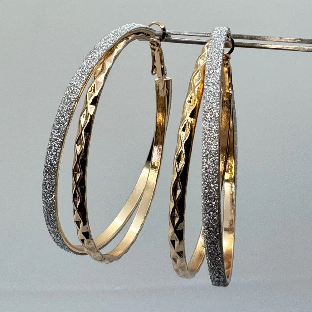 Gold Tone Glitter Hoop Earrings Textured Large Statement Hoops Bold Sparkle